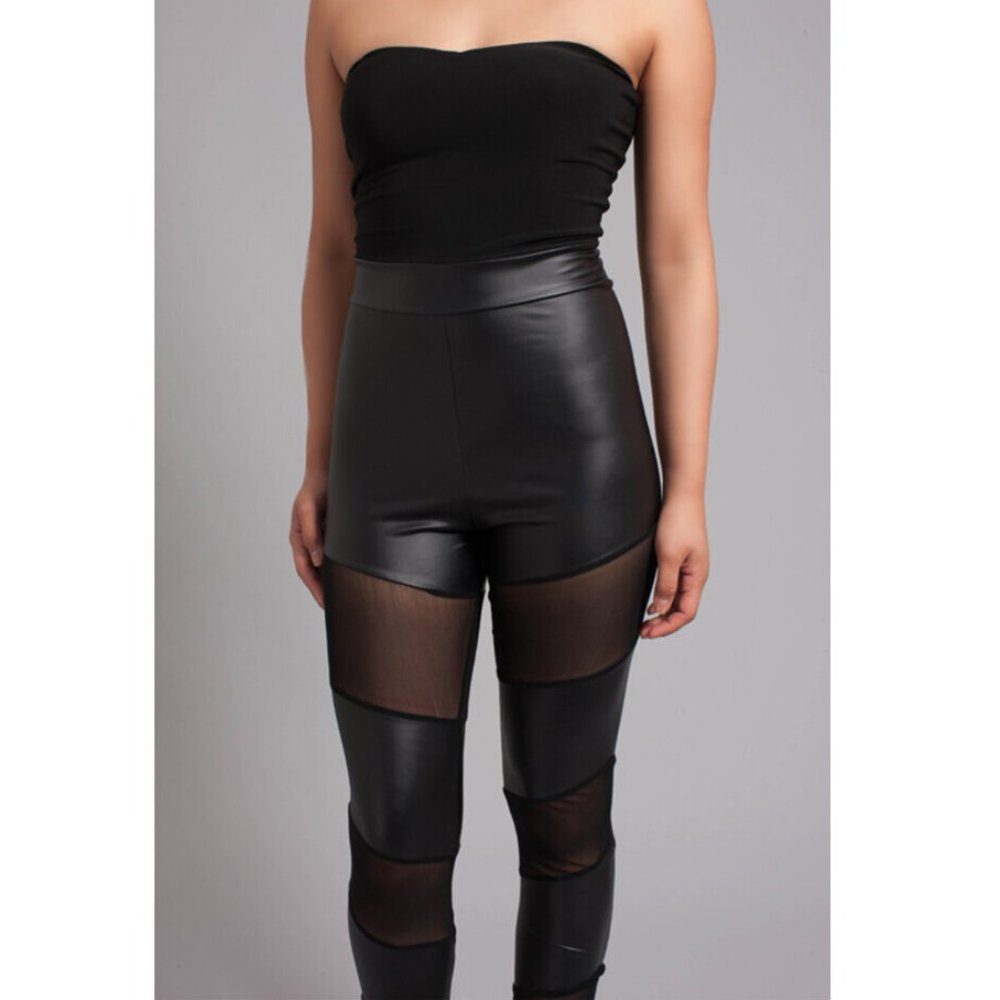 Black Mesh Faux Leather Skinny Leggings Bodysuit - Picture 4 of 4